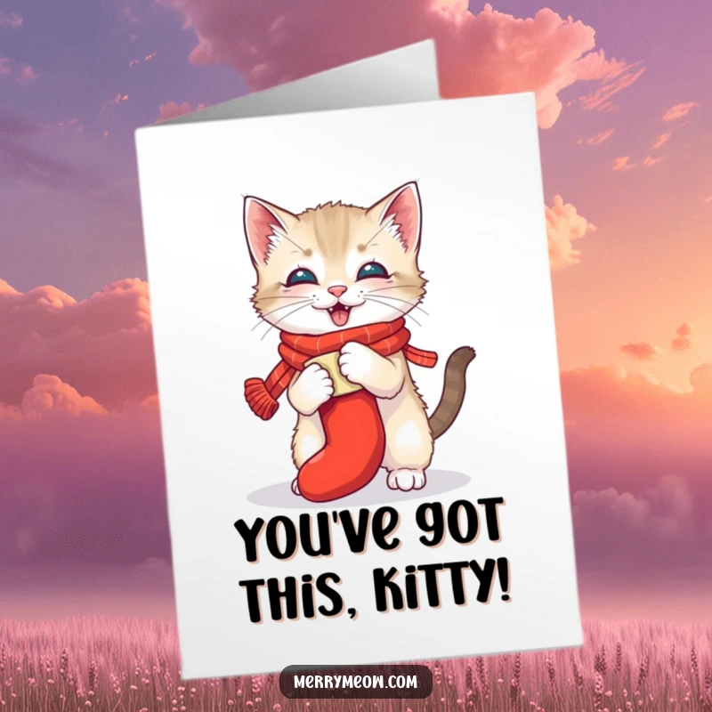 Funny Free Printable Congratulations Card: A spirited kitten wearing a small scarf gleefully tussles with a Christmas stocking, celebrating.