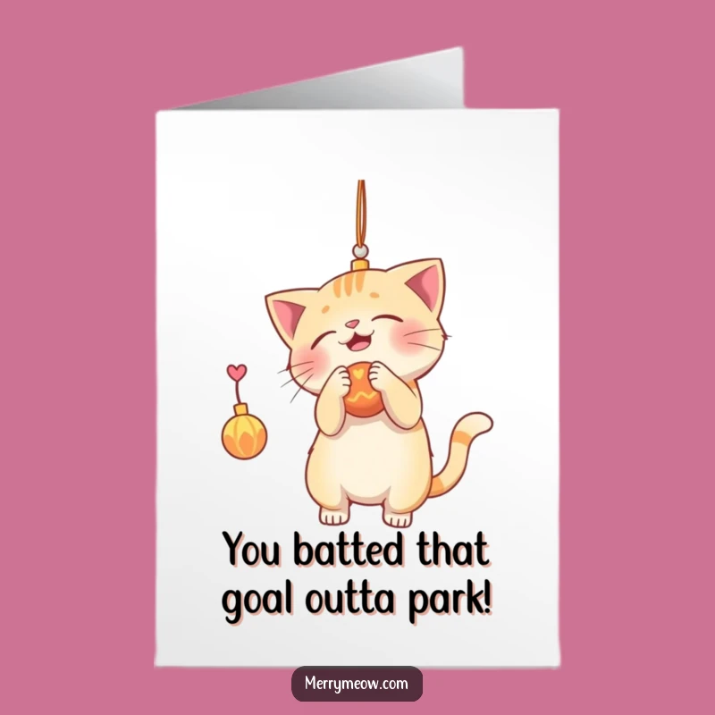 Free Printable Playful Cat Congrats Card: Funny Ornament Batting Downloadable Success