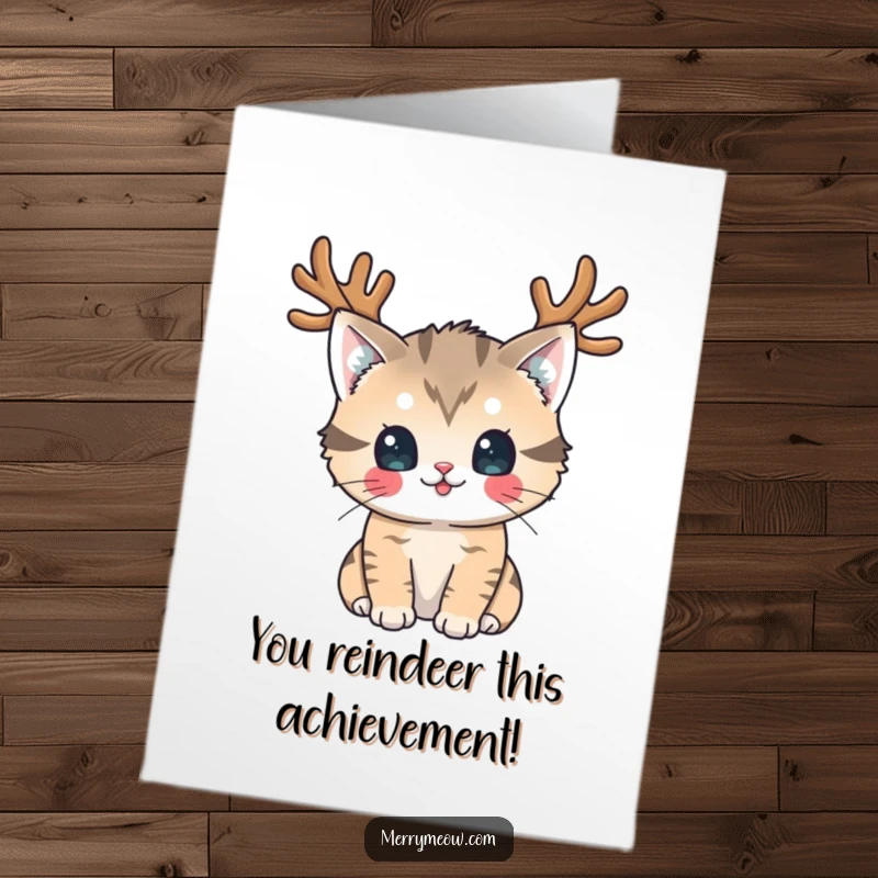 Funny Free Printable Congratulations Card: Cat with reindeer antlers looking playful, conveying festive congratulations with humor.
