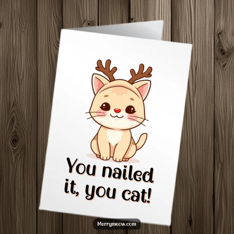 Funny free printable congratulations card showing a cheerful cat in a reindeer costume, spreading holiday cheer for any achievement.