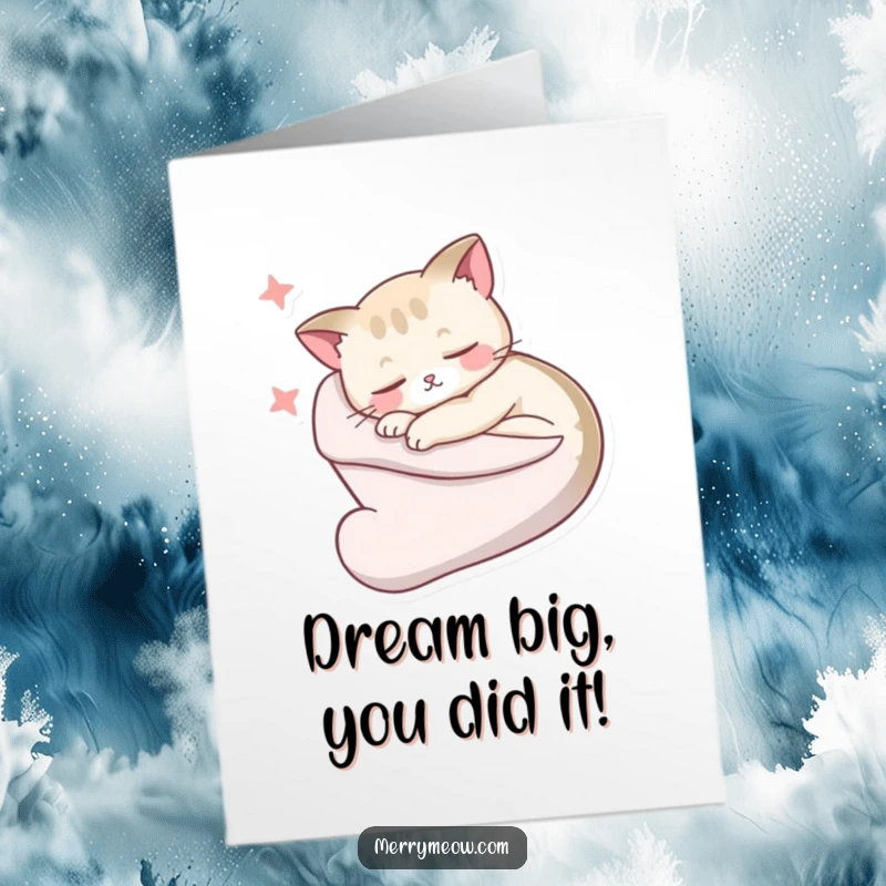 Funny Free Printable Congratulations Card: Sleepy cat napping in stocking, conveying congratulations with cozy, humorous relaxation.