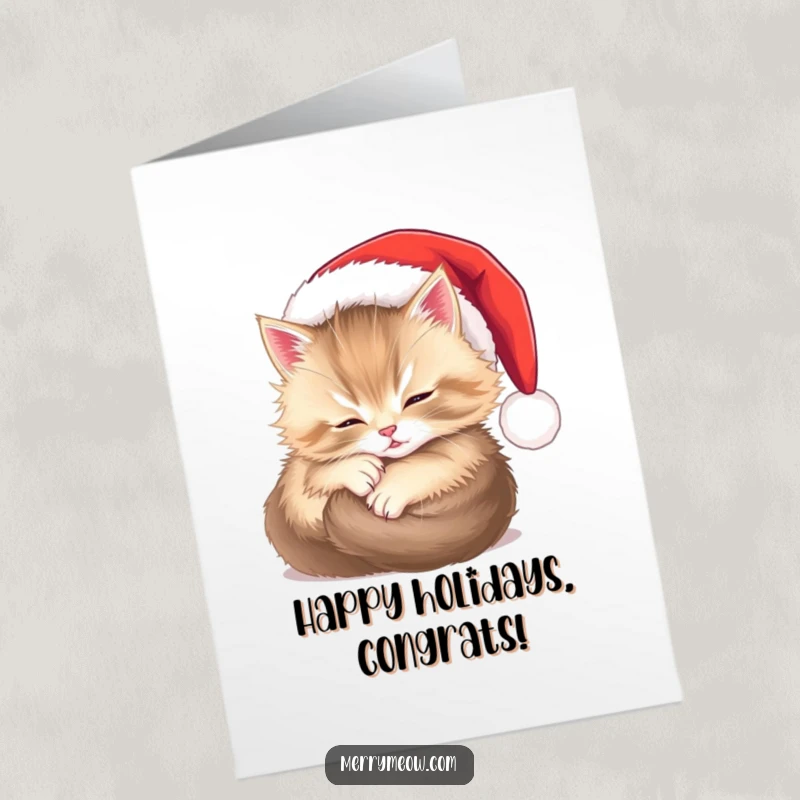 Funny Free Printable Congratulations Card: Adorable fluffy kitten wearing a tiny Santa hat, radiating happiness.