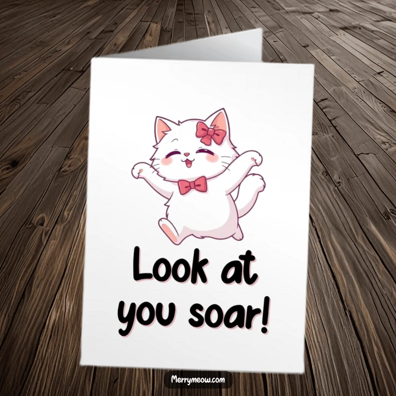 Funny Free Printable Congratulations Card: a white cat with a festive bow executes a beautiful, elegant leap.