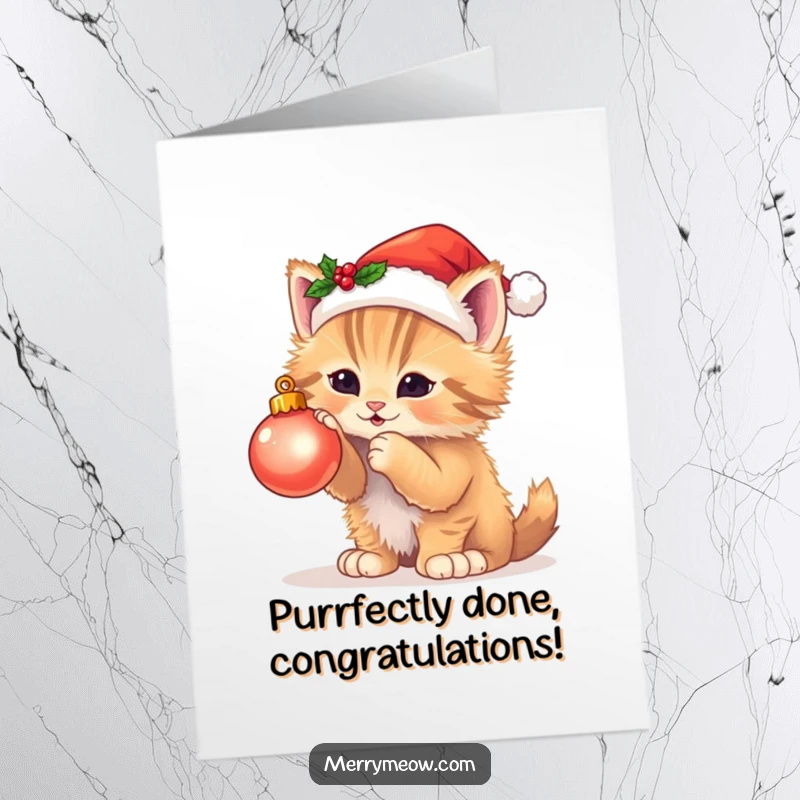 Funny free printable congratulations card showing a kitten in a Santa hat batting at an ornament, a festive symbol of playful achievement.