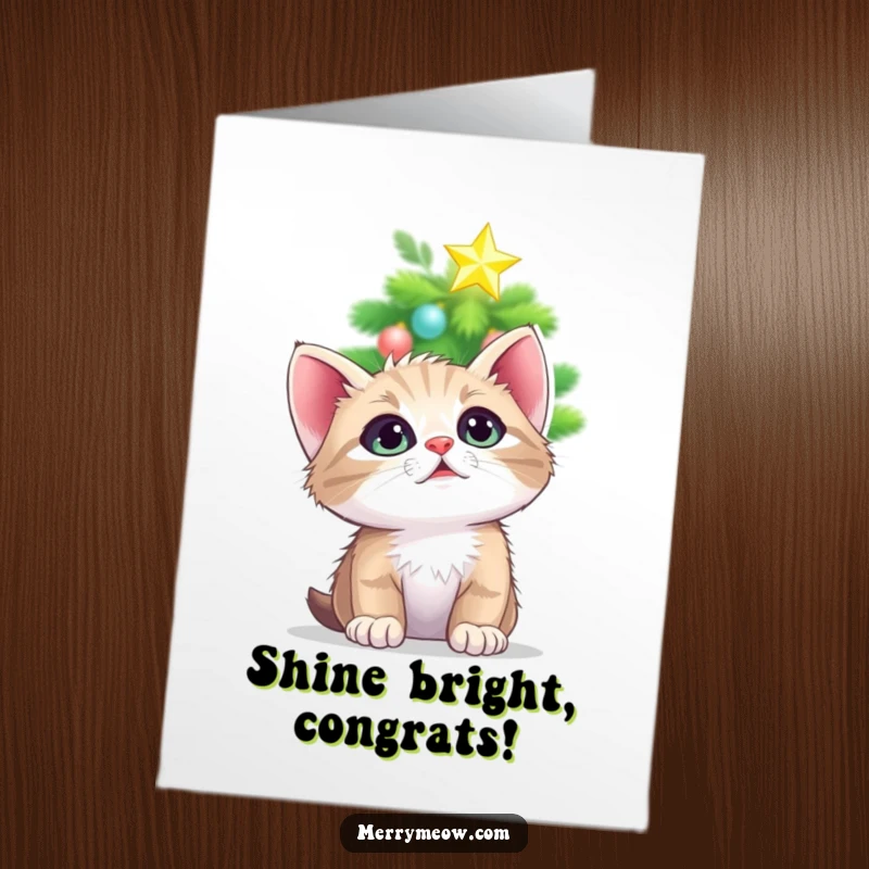 Funny Free Printable Congratulations Card: Kitten with wide, adoring eyes looking up at a bright Christmas tree star.