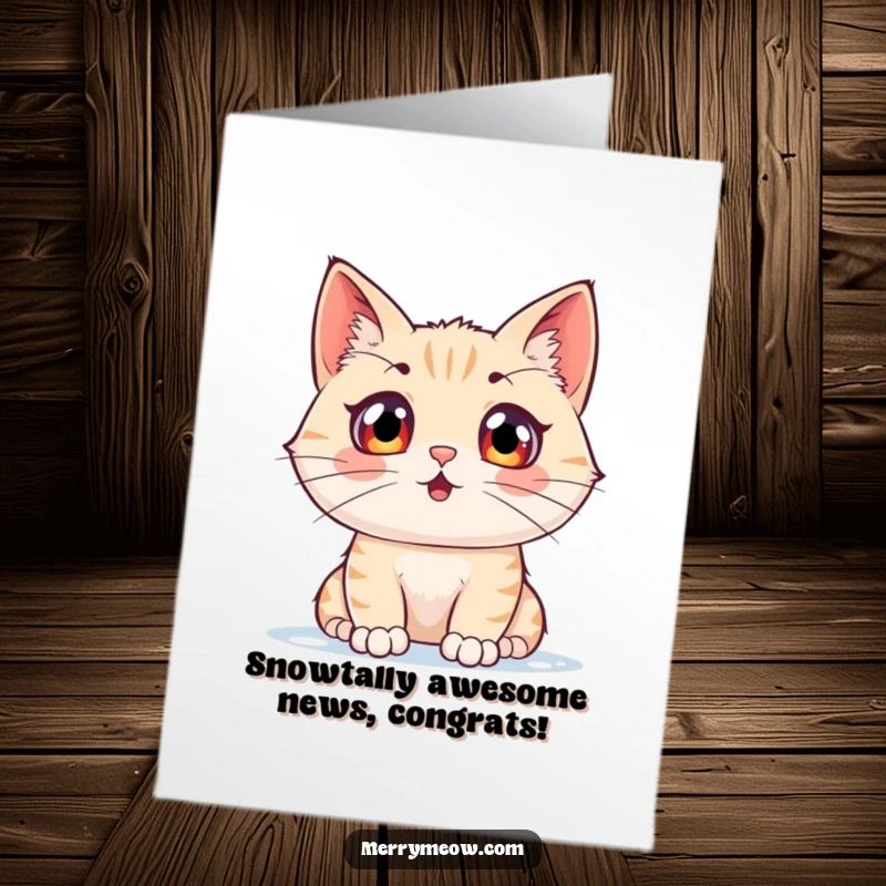 Funny Free Printable Congrats Card: A cat with huge, excited eyes observing snowflakes falling outside a window.