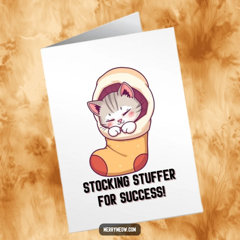 Funny Free Printable Congratulations Card: Purring cat relaxing inside a whimsical stocking, conveying happiness. Ideal for congrats.