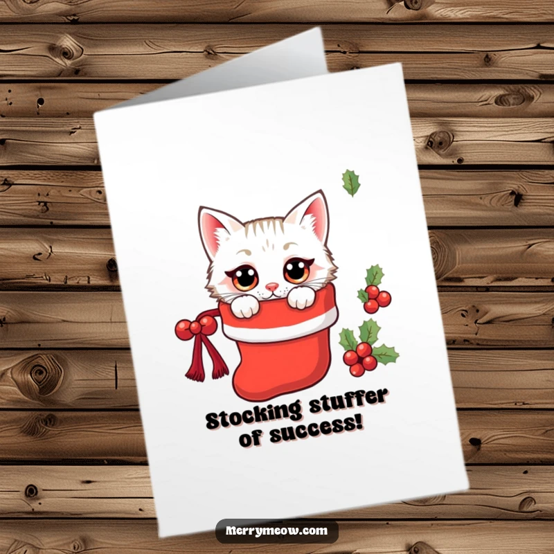 Funny Free Printable Kawaii Cat Congratulations Card, a wide-eyed cat peeking from within a Christmas stocking.