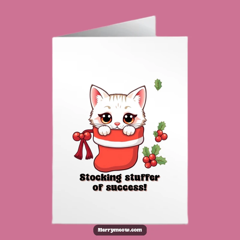 Free Printable Kawaii Cat Congratulations Card: Stocking Peek Funny Downloadable