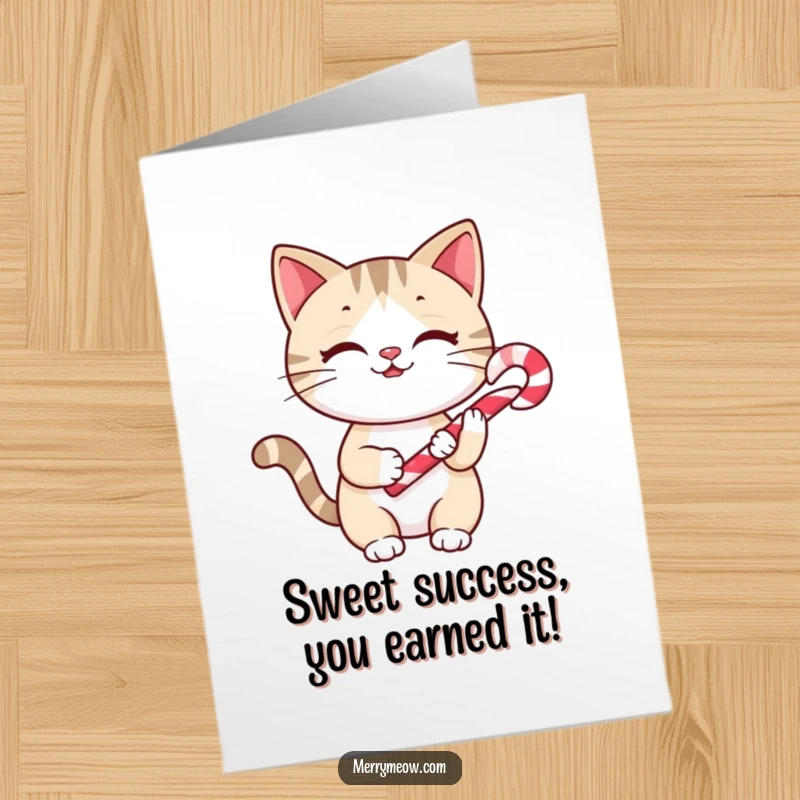 Funny Free Printable Congratulations Card: Cheery cat holding a tiny candy cane, celebrating your sweet success.