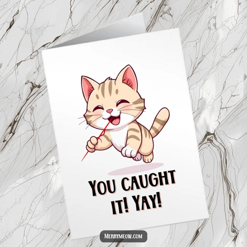 Funny Free Printable Congratulations Card: a spirited tabby cat enthusiastically pursuing a bright red laser dot.