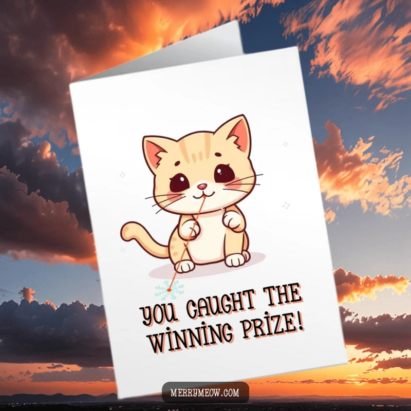 Funny Free Printable Kawaii Cat Congratulations Card, a cute cat leaping after a red laser pointer dot on a snowflake.