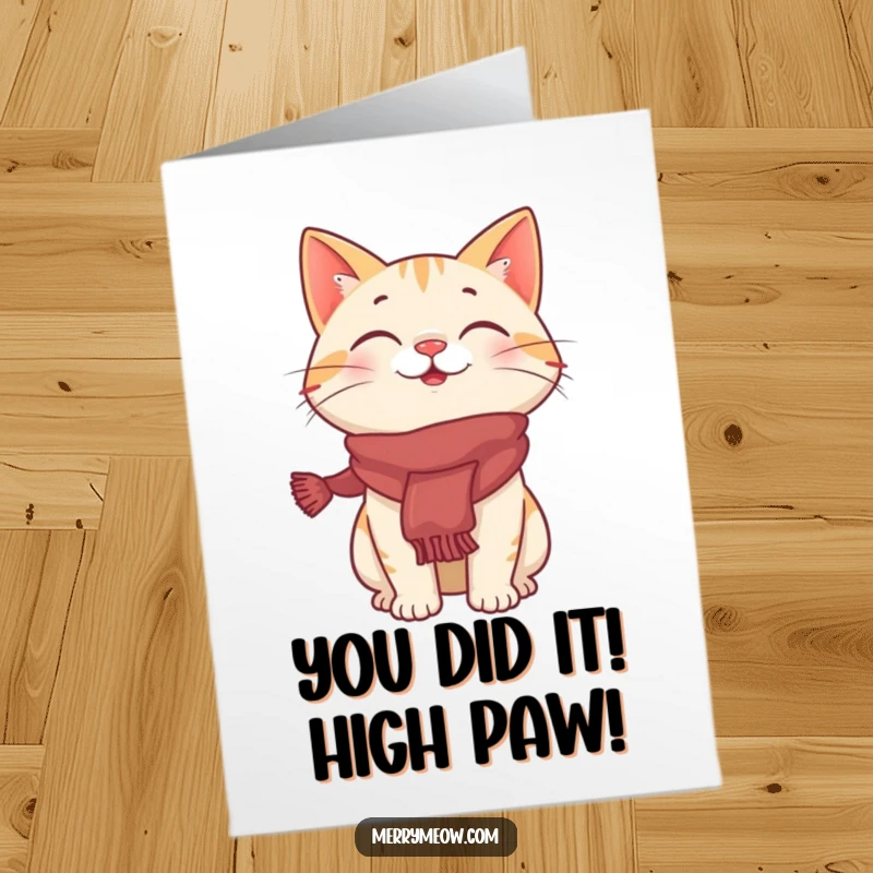 Funny Free Printable Congratulations Card: A delighted cat wearing a festive scarf, erupting in giggles.