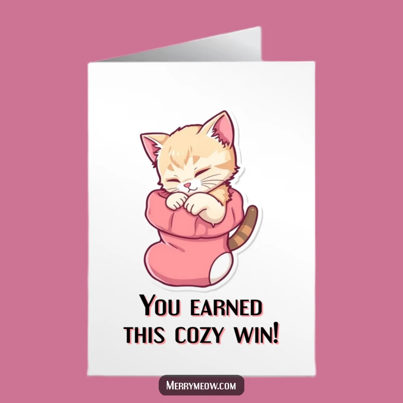Free Printable Congrats Card: Cozy Kitten in Stocking for Your Success
