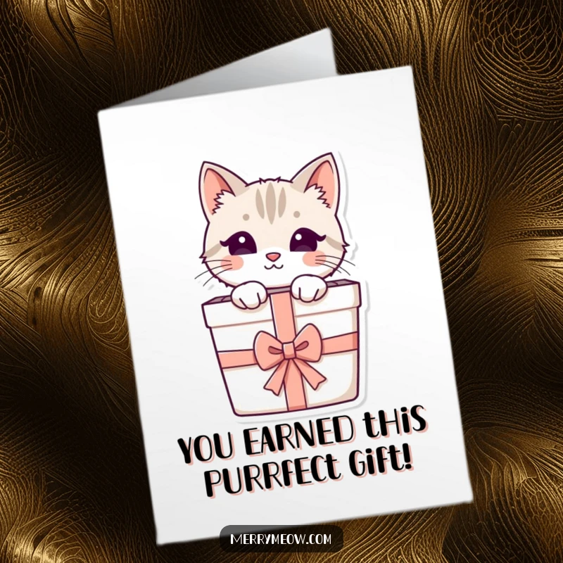 Funny Free Printable Congrats Card: Cute cat character peeking from a ribboned gift box, celebrating a special achievement.