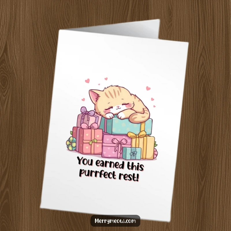 Funny Free Printable Kawaii Cat Congratulations Card, a contented cat napping soundly atop a stack of gift boxes.