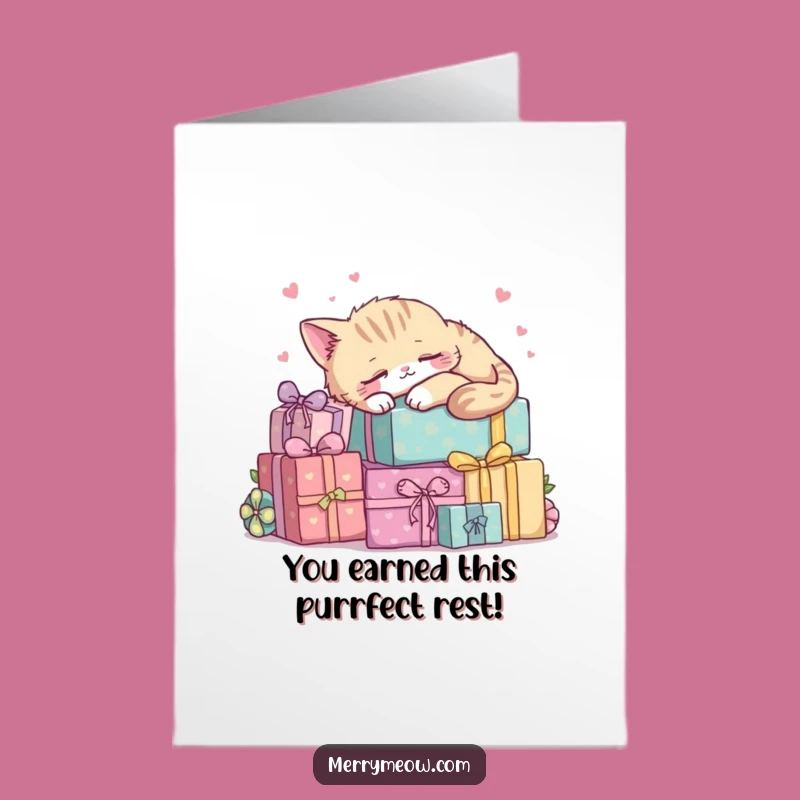 Free Printable Kawaii Cat Congratulations Card: Relaxed Cat on Gifts Funny