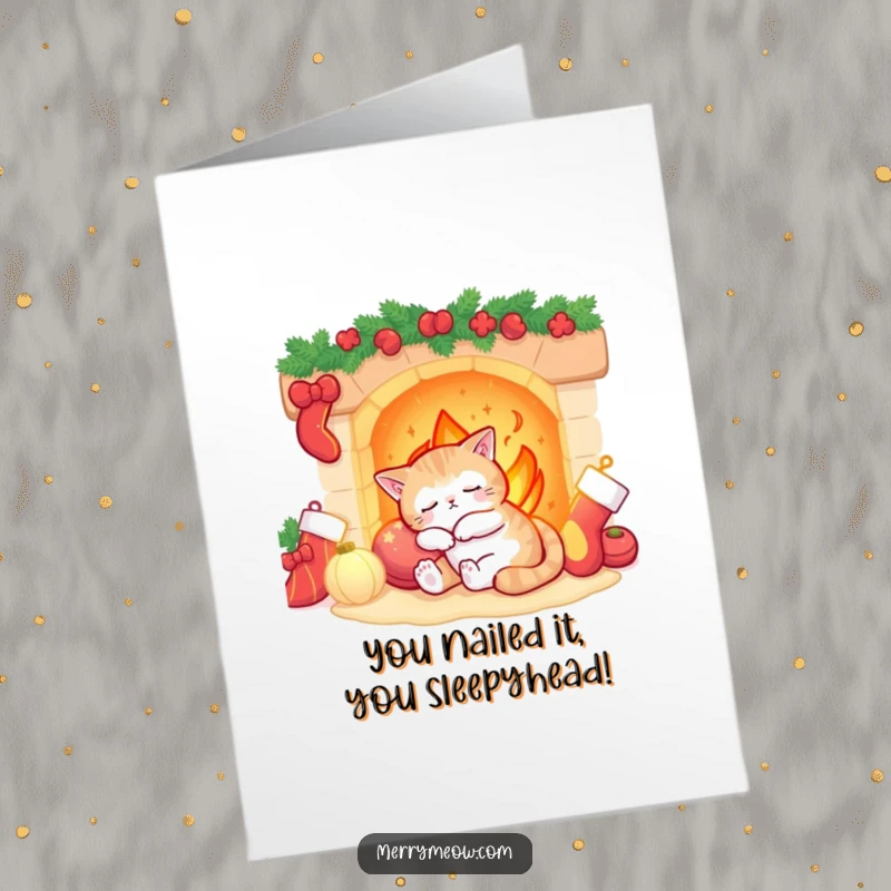 Funny Free Printable Congratulations Card: A sleepy cat rests by a warm fireplace, celebrating.