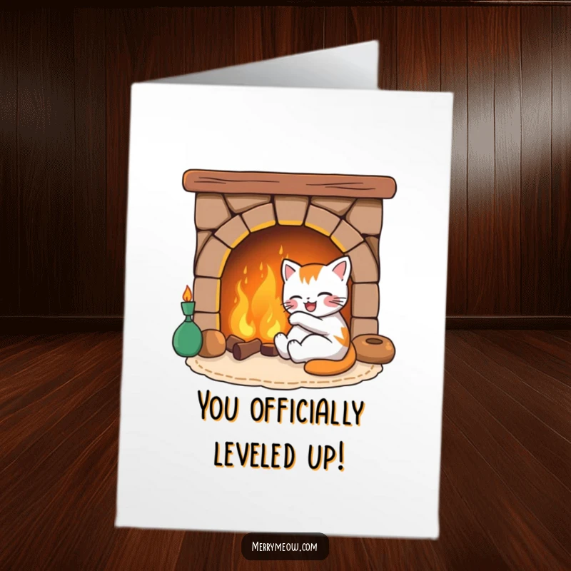 Funny Free Printable Congratulations Card: A joyful cat relaxing by a warm fireplace, symbolizing comfort and success.