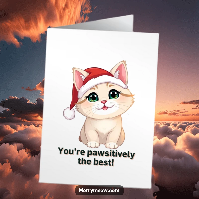 Funny Free Printable Congratulations Card: A Christmas cat proudly wears a tiny Santa hat, celebrating a joyous achievement.