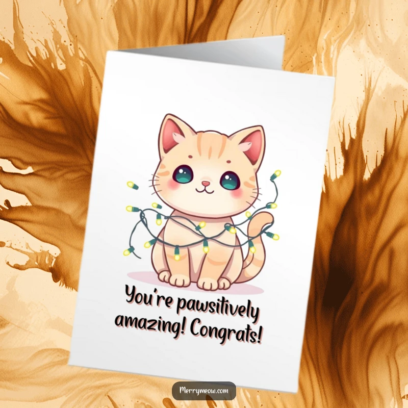 Free Printable Congratulations Card: A cute kawaii cat humorously tangled in fairy lights, celebrating a bright achievement.