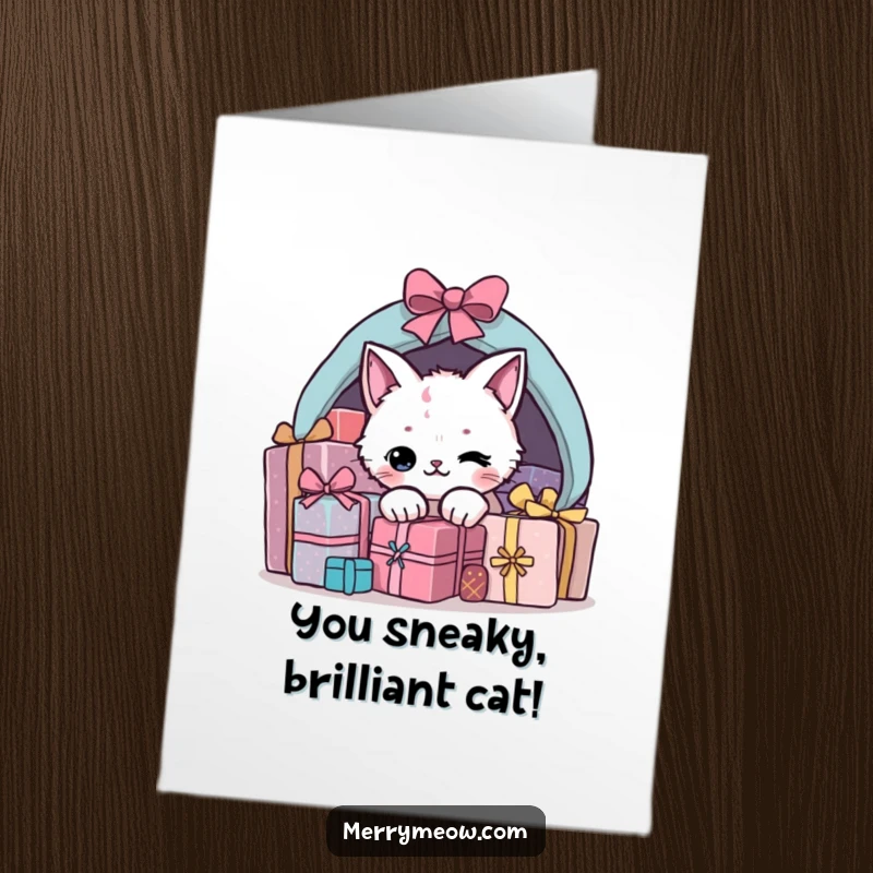 Funny free printable congratulations card showing a sneaky cat emerging from beneath a heap of gifts, celebrating success.