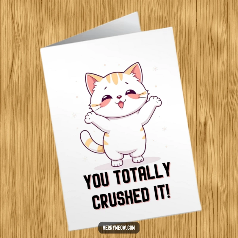 Funny free printable congratulations card, a kawaii cat doing a silly dance surrounded by snowflakes, celebrating joyfully.