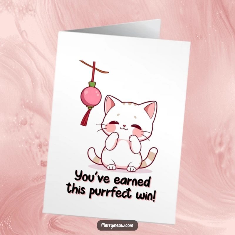 Funny Free Printable Congrats Card: Cat joyfully batting at a shiny Christmas ornament, spreading congratulations.