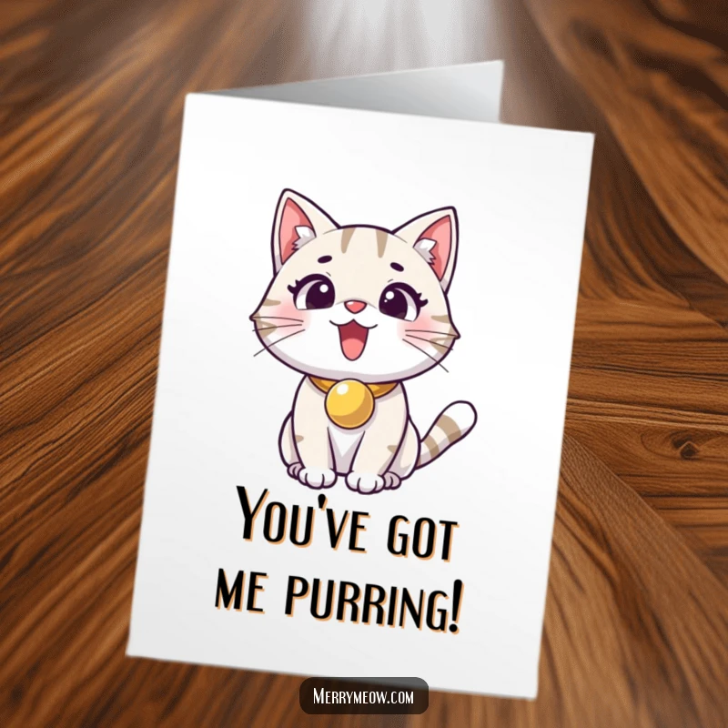 Free Printable Excited Cat Congratulations Card: A thrilled cat with a jingle bell collar celebrates your wonderful success.