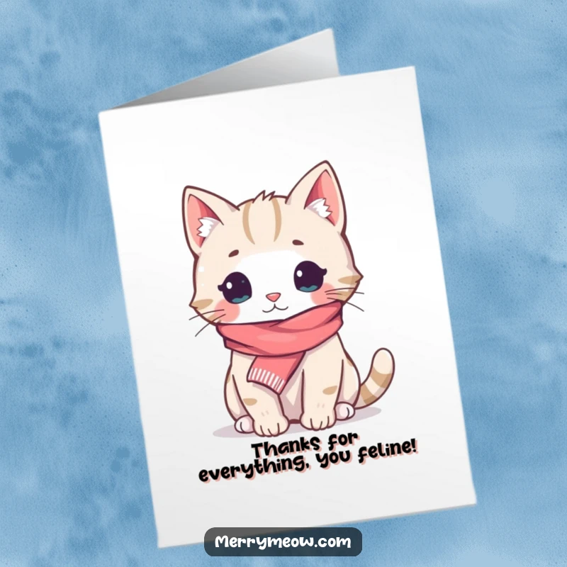 Funny Free Printable Thank You Card: A cozy cat wrapped in a scarf, offering heartfelt thanks with a gentle look.