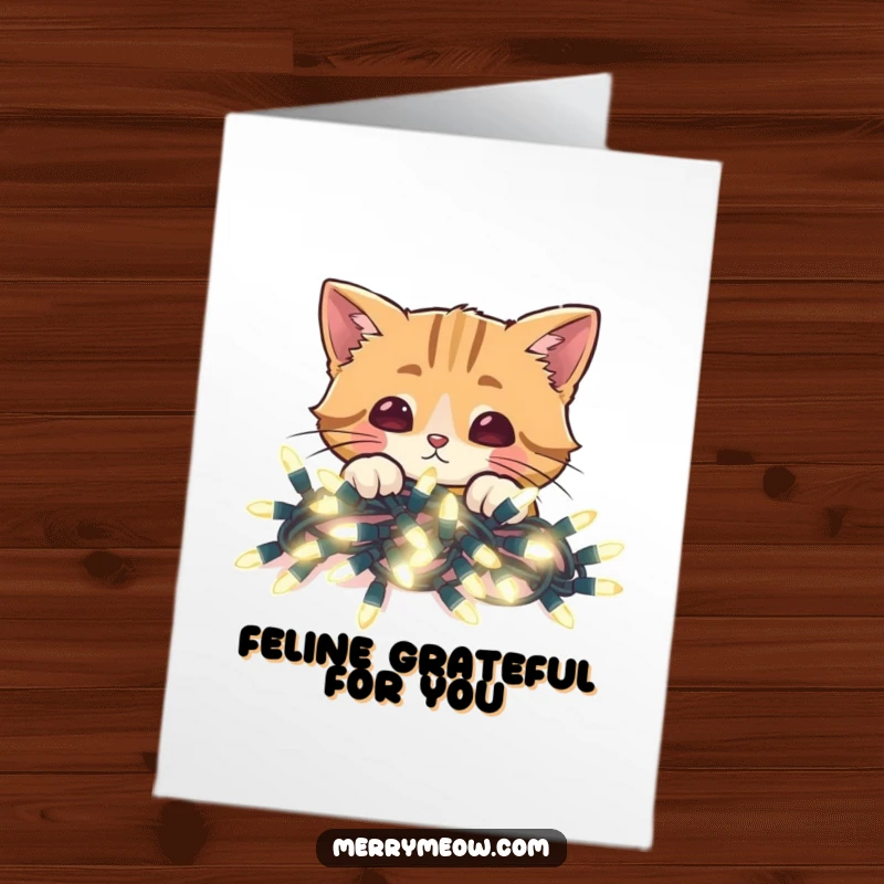 Funny Free Printable Thank You Card: a cat peeks over a mesmerizing pile of radiant Christmas lights.