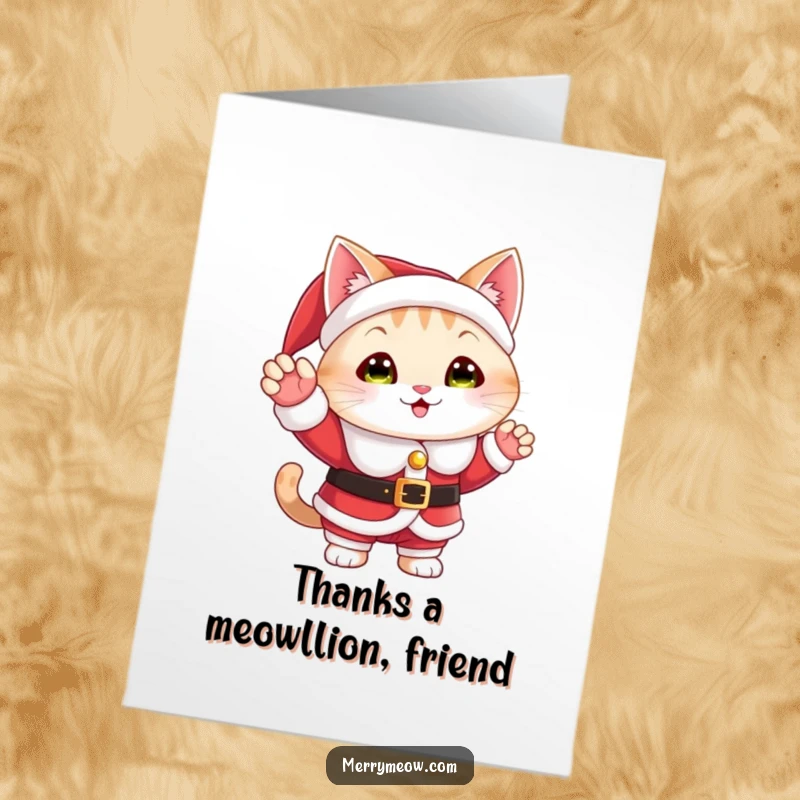 Funny Free Printable Thank You Card with a charming cat in a Santa suit offering a festive wave.