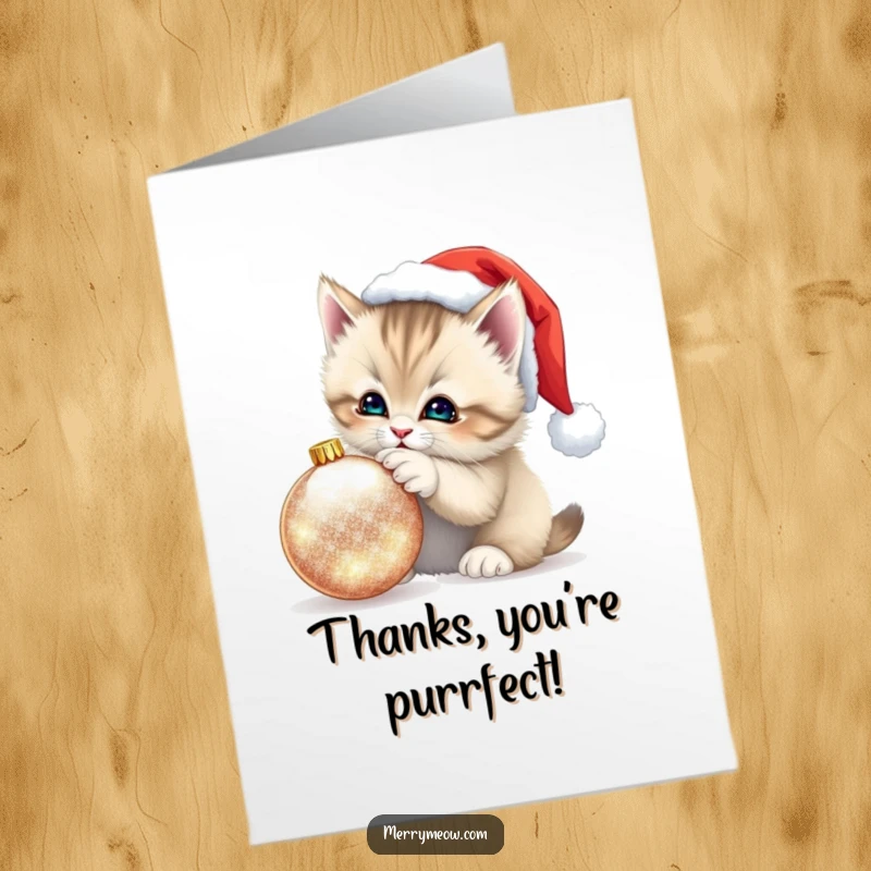 Free printable thank you card: A fluffy kitten wearing a Santa hat playfully bats an ornament, expressing thanks with festive charm.