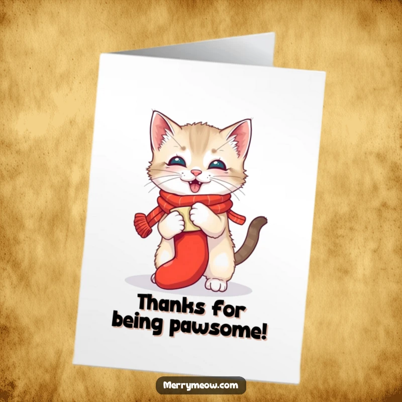 Funny Free Printable Thank You Card: A playful kitten in a scarf wrestles happily with a stocking, offering a fun thank you.