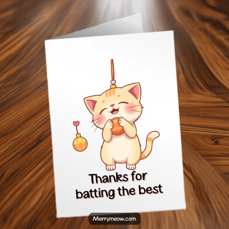 Funny Free Printable Thank You Card: A curious cat character batting energetically at a dangling ornament, expressing thanks.