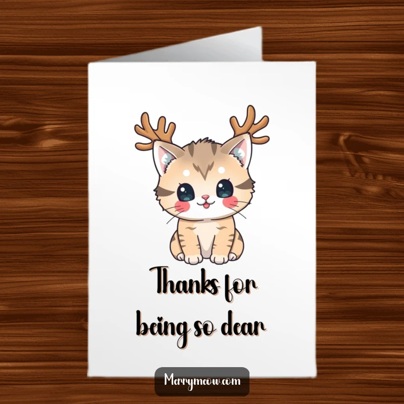 Funny Free Printable Thank You Card: Cat wearing reindeer antlers, looking playfully, offering festive and funny thanks.