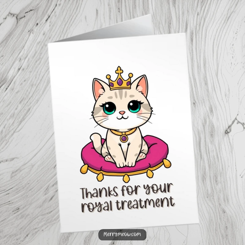 Funny Free Printable Thank You Card: Regal cat with tiny crown on velvet cushion, expressing gratitude with funny charm.