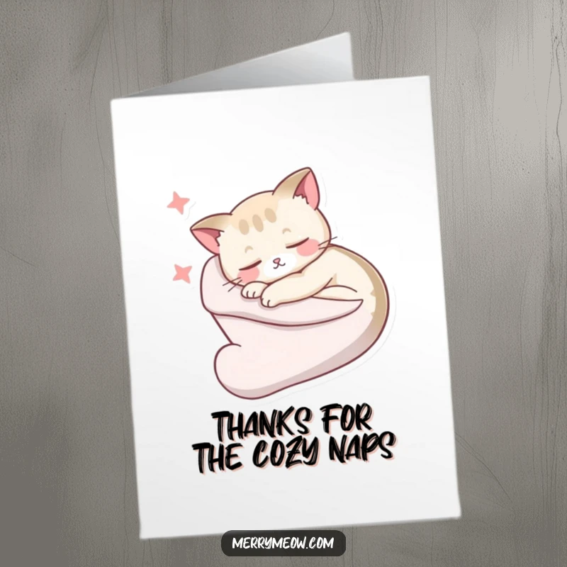 Funny Free Printable Thank You Card: Sleepy cat curled in stocking, dreaming, sending warm thanks with cozy humor.
