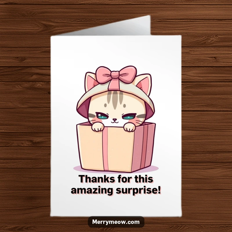 Funny free printable thank you card of a mischievous cat peeking out of a gift box, offering thanks with a playful glance.