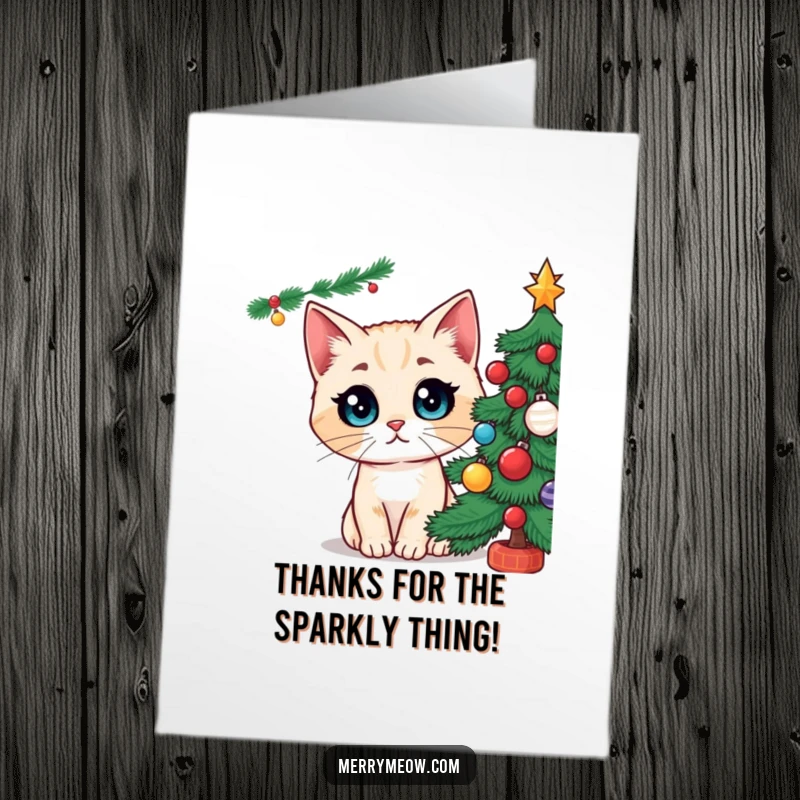 Funny Free Printable Thank You Card: Cat's wide eyes fixated on a Christmas tree, a humorous moment.