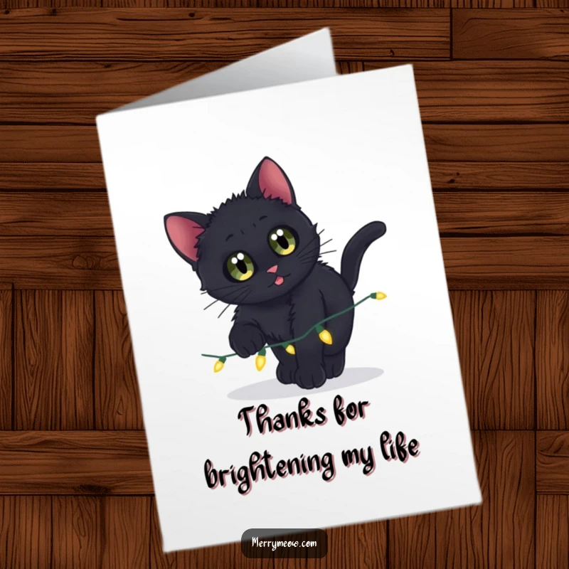 Funny Free Printable Thank You Card: A curious black kitten with big eyes is about to pounce on twinkling lights.