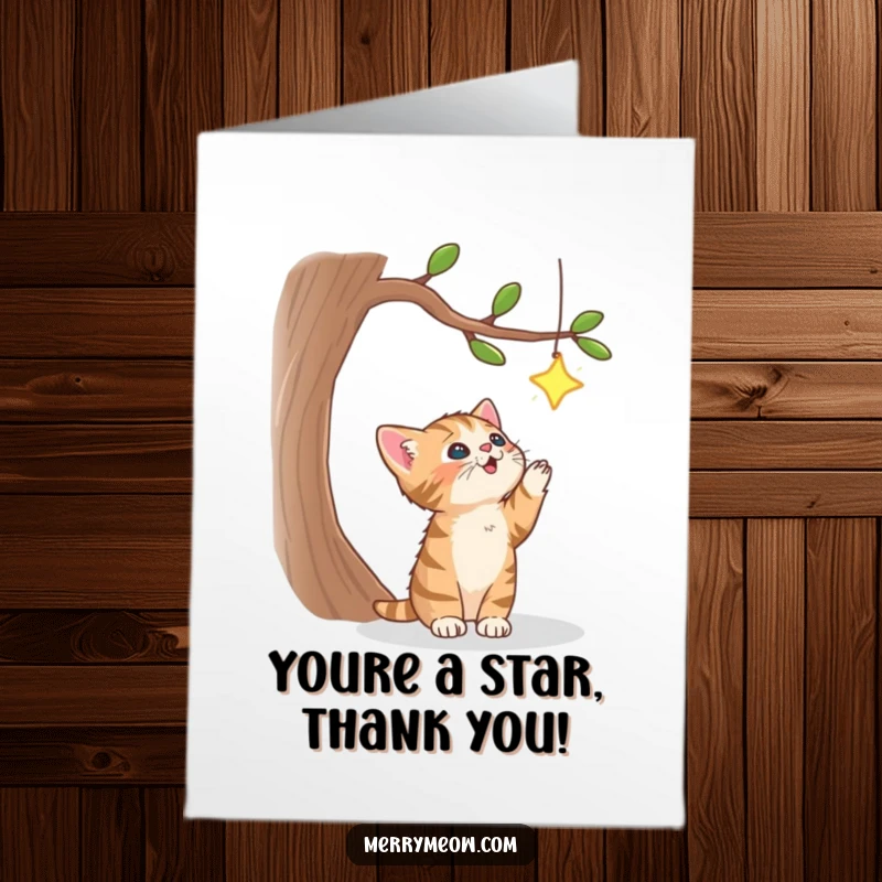 Funny Free Printable Thank You Card: Adorable tabby kitten gazing up at a bright star with wonder.