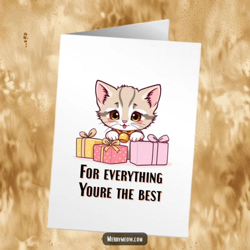 Funny Free Printable Thank You Card: A playful kitten peeks from behind presents, offering a cute thank you message.