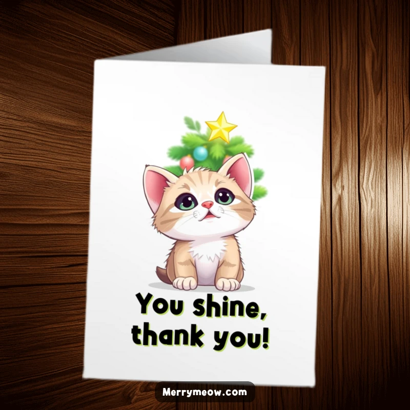 Funny Free Printable Thank You Card: Kitten admiring a twinkling Christmas tree star with adoration.