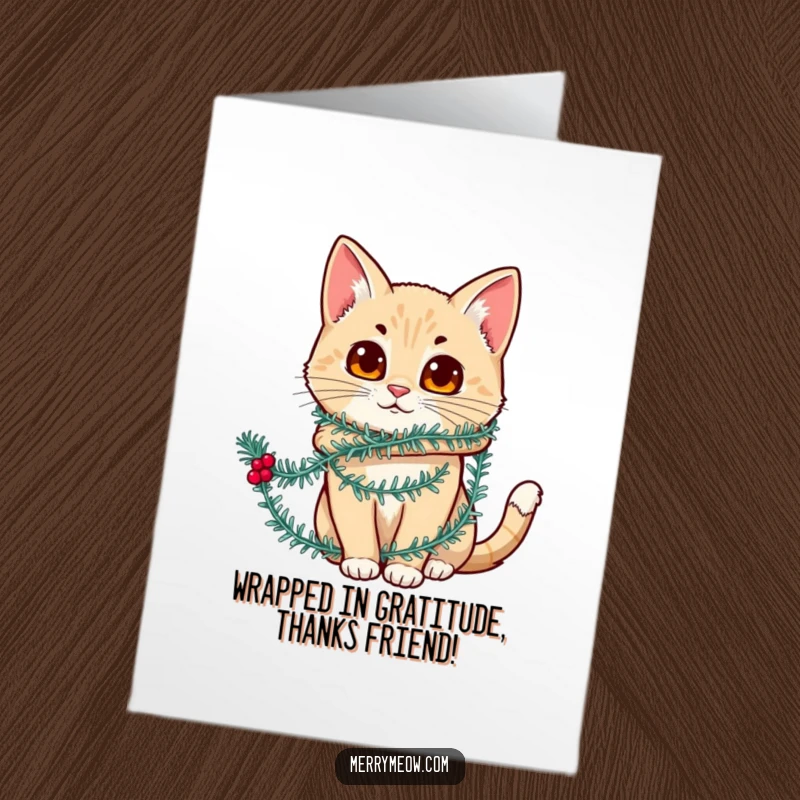 Funny Free Printable Thank You Card: A cat looking a bit festive and tangled in loose tinsel strands, expressing thanks.