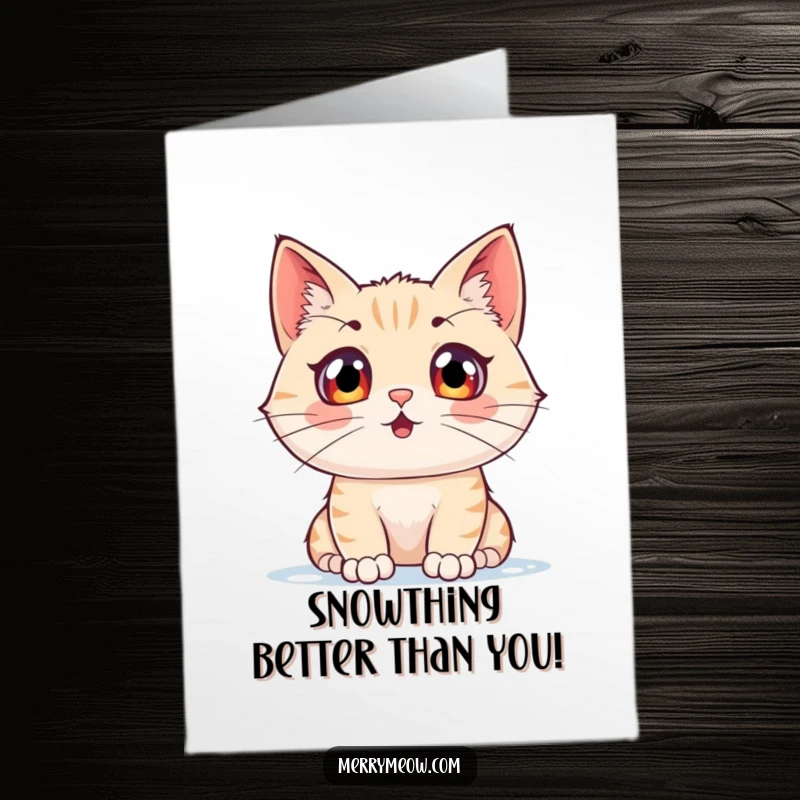 Funny Free Printable Thank You Card: A cat with big, curious eyes captivated by the sight of falling snow.