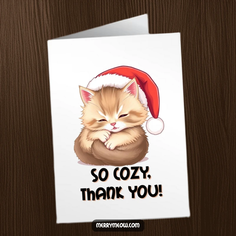 Funny Free Printable Thank You Card: Cute fluffy kitten nestled in a Santa hat, looking thankful.