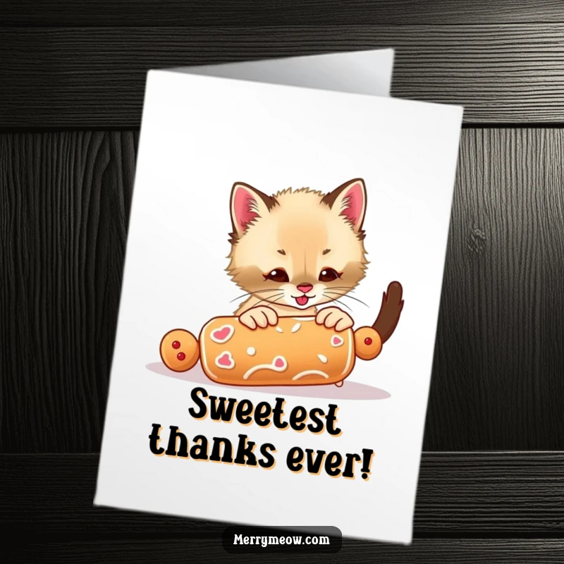 Funny Free Printable Thank You Card: Cute Siamese kitten looking delighted while playing with a gingerbread cookie.