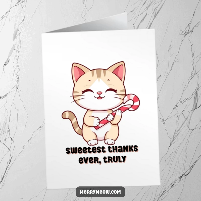 Funny Free Printable Thank You Card: Cheery cat holding a tiny candy cane, sending sweet thanks your way.
