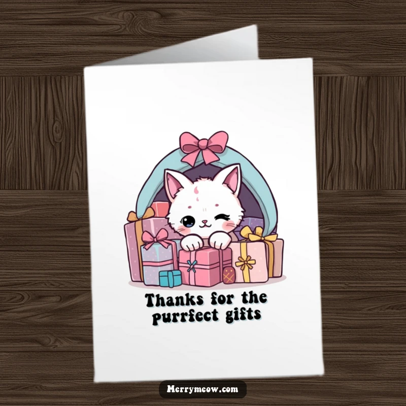 Funny free printable thank you card with a cat hiding under presents, peeking out with a playful, thankful expression.